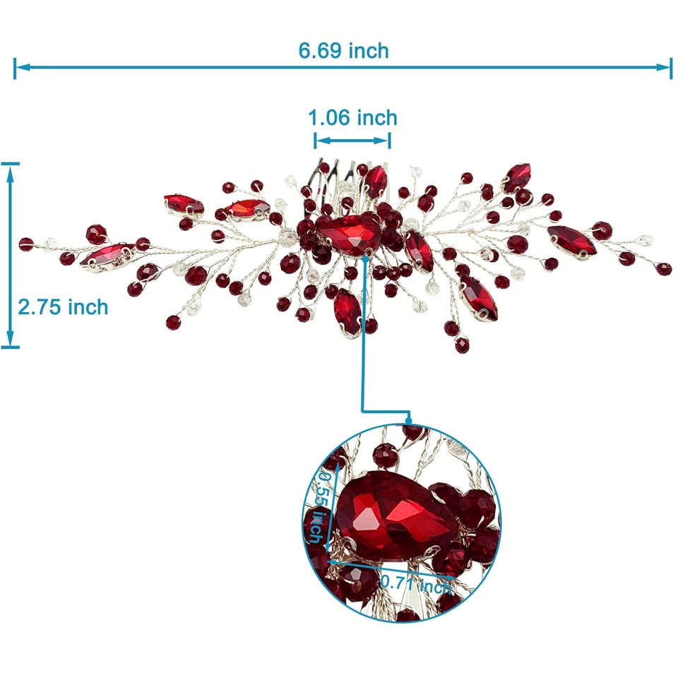 Bridal Wedding Hair Comb Wine Red Crystal Sliver Hair Vine Piece Accessories for - Image 4 of 4