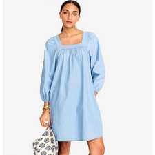 J.Crew Chambray Cotton Shift Mini Dress Square Neck Pockets Puff Sleeve XS