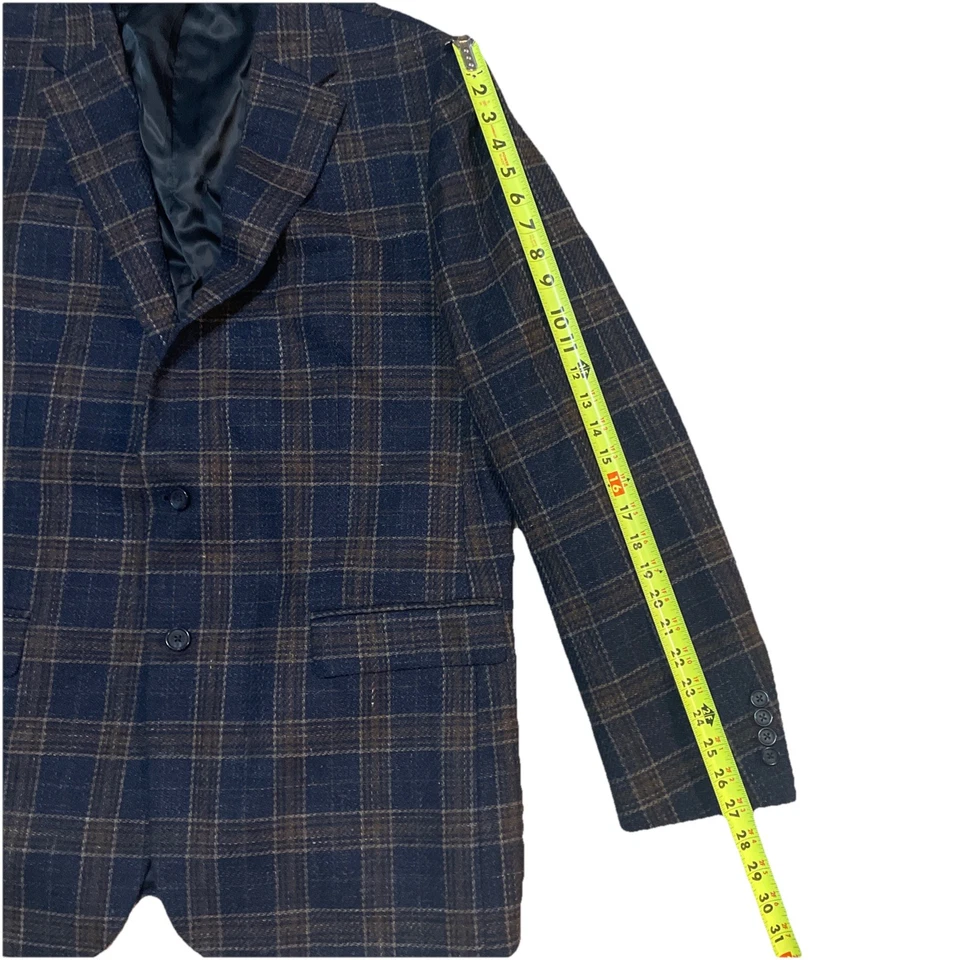 Мужской шерстяной блейзер Hickey Freeman из шелковой льняной смеси 48 л синий коричневый клетчатый на 2 пуговицах - Изображение 4 из 4