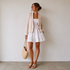 100 Linen Blazer Size M Striped Cream Long Sleeve Relaxed Coastal Scandi