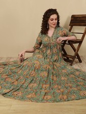 Green Kurta Women Floral Printed Flared Kurti Anarkali Dress Gown NEW