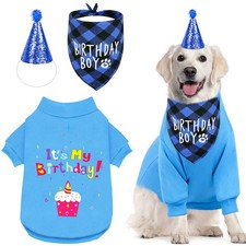 Dog Birthday Party Outfit Set Bandana Sweater Hat Decoration XL Blue Boy