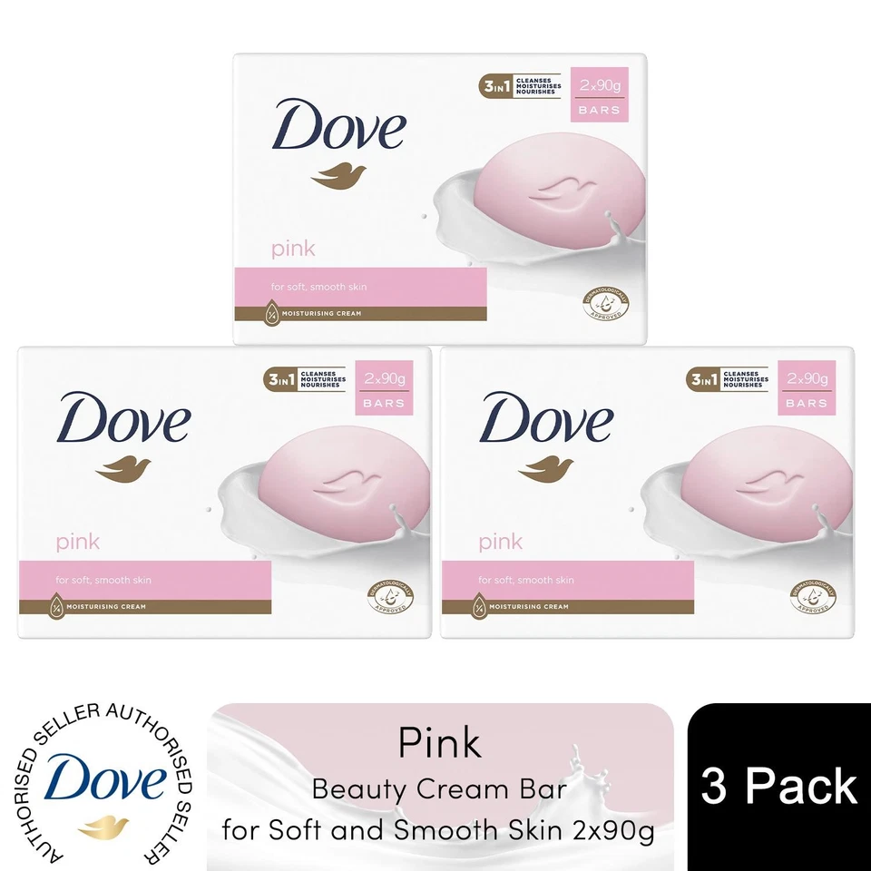 Dove Pink Moisturising Beauty Cream Bar for Soft and Smooth Skin, 2 x 90g, 3pk