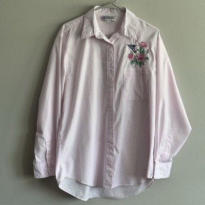 LAS OLAS Women s Button Down Shirt Size Large Pinstriped Embroidered Floral Bird