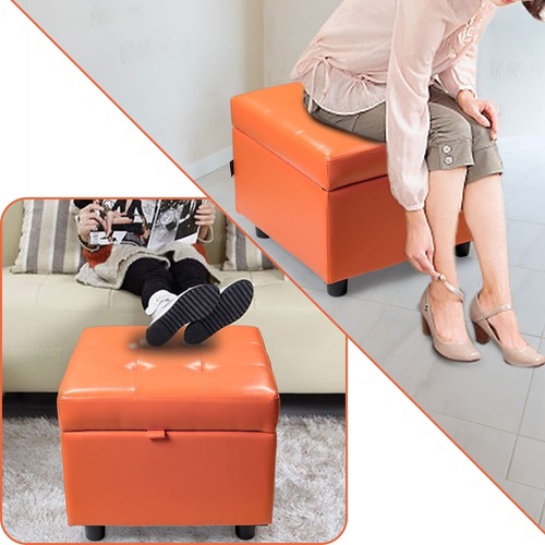 Orange Tufted Leather Square Flip Top Storage Ottoman Cube Foot Rest w/ Storage - Picture 7 of 8