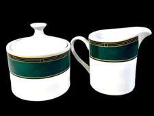 Sango Emerald  Green Rim White #8821 Stoneware Creamer And Sugar Bowl With Lid