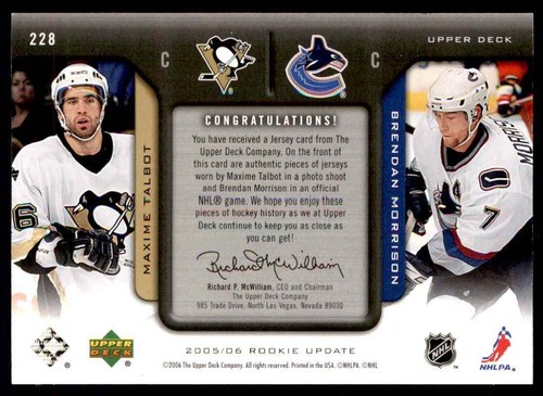 2005-06 Upper Deck Rookie Update Maxime Talbot/Brendan Morrison RC Dual Patch - Picture 2 of 2