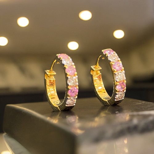 0,70 Cts Rotondo Naturale Diamanti Zaffiro Rosa Cerchio Orecchini 18K Oro giallo - Foto 13 di 13