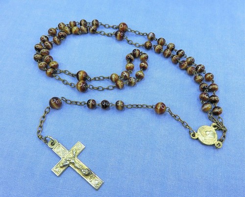 Vintage Rosary with Tiger’s Eye Glass Beads with Gold Tone Metal Crucifix - Picture 11 of 12