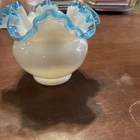 Vintage Fenton Art Glass Blue Aqua Crest Flower Vase Milk Glass Ruffled Crimped
