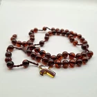 Vintage Genuine Baltic Amber Stone Round 8 mm Beads Necklace Cross Pendant