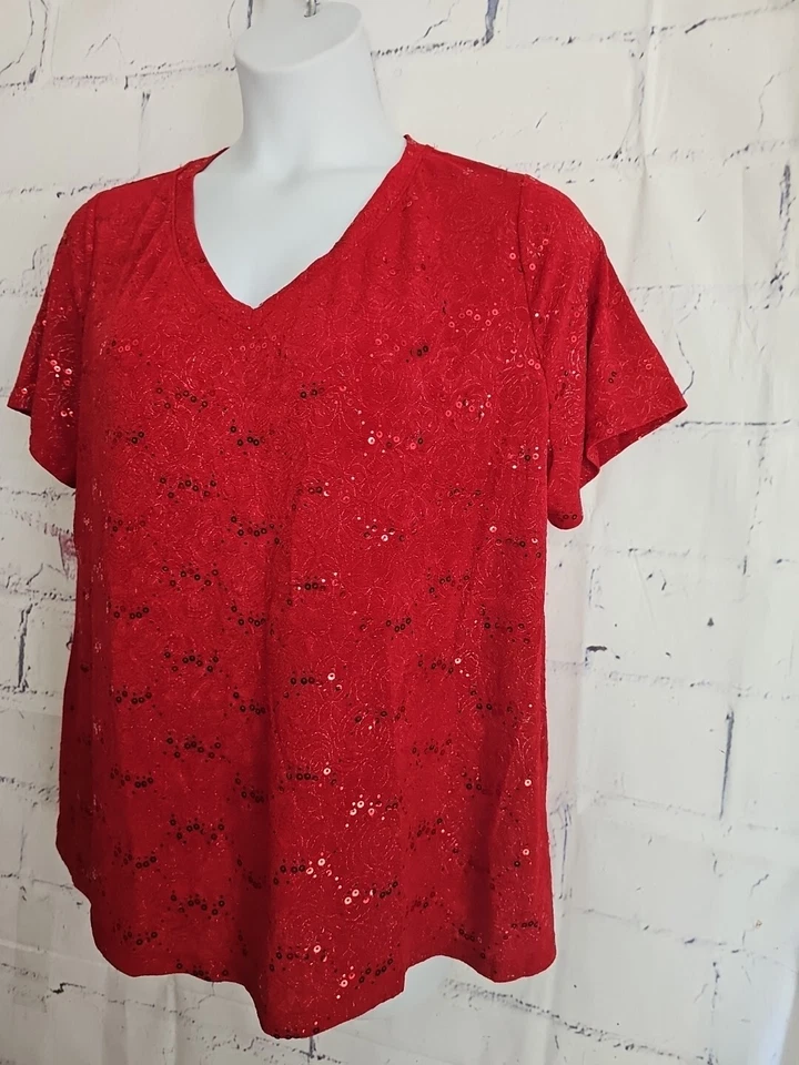 White Stag Glitter Shimmer Holiday Red Top Plus size 2X Short Sleeve V-neck - Image 3 of 4