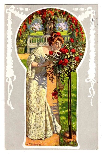 postcard german woman with rosebush roses artist