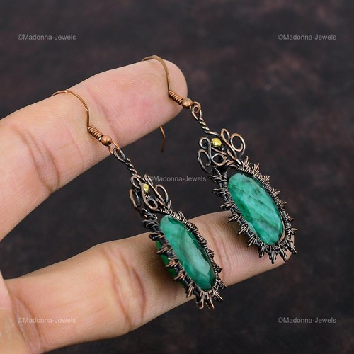 Mothers day Sale Copper Zambian Emrald Stone Dangle Drop Wire Wrapped Earrings - Picture 6 of 13