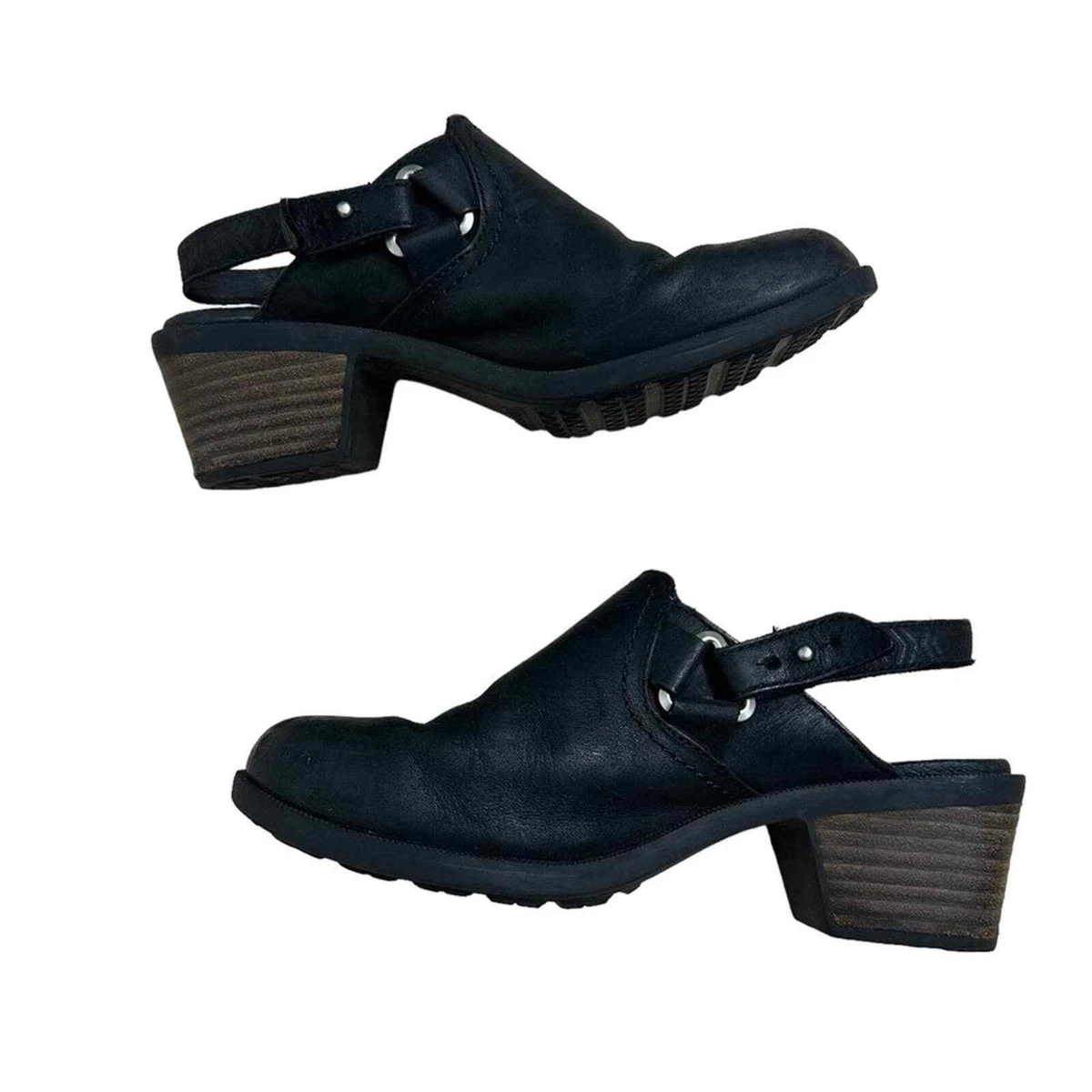 Teva Mules Clogs Shoes Black Brown Leather Sling Back Chunky Fall