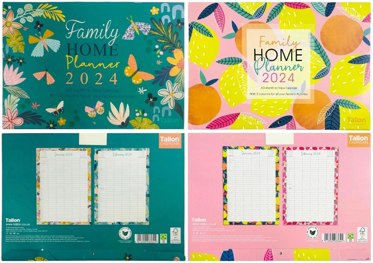 2024 Family Home Planner Calendar 5 Columns Size A3 - Cute Owls &  Butterflies