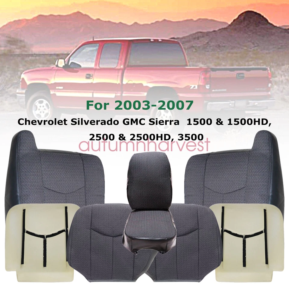 Cubierta de asiento de tela delantera inferior-parte superior gris y espuma para Chevy Silverado 2003-2007 8 piezas Foto 2 de 4