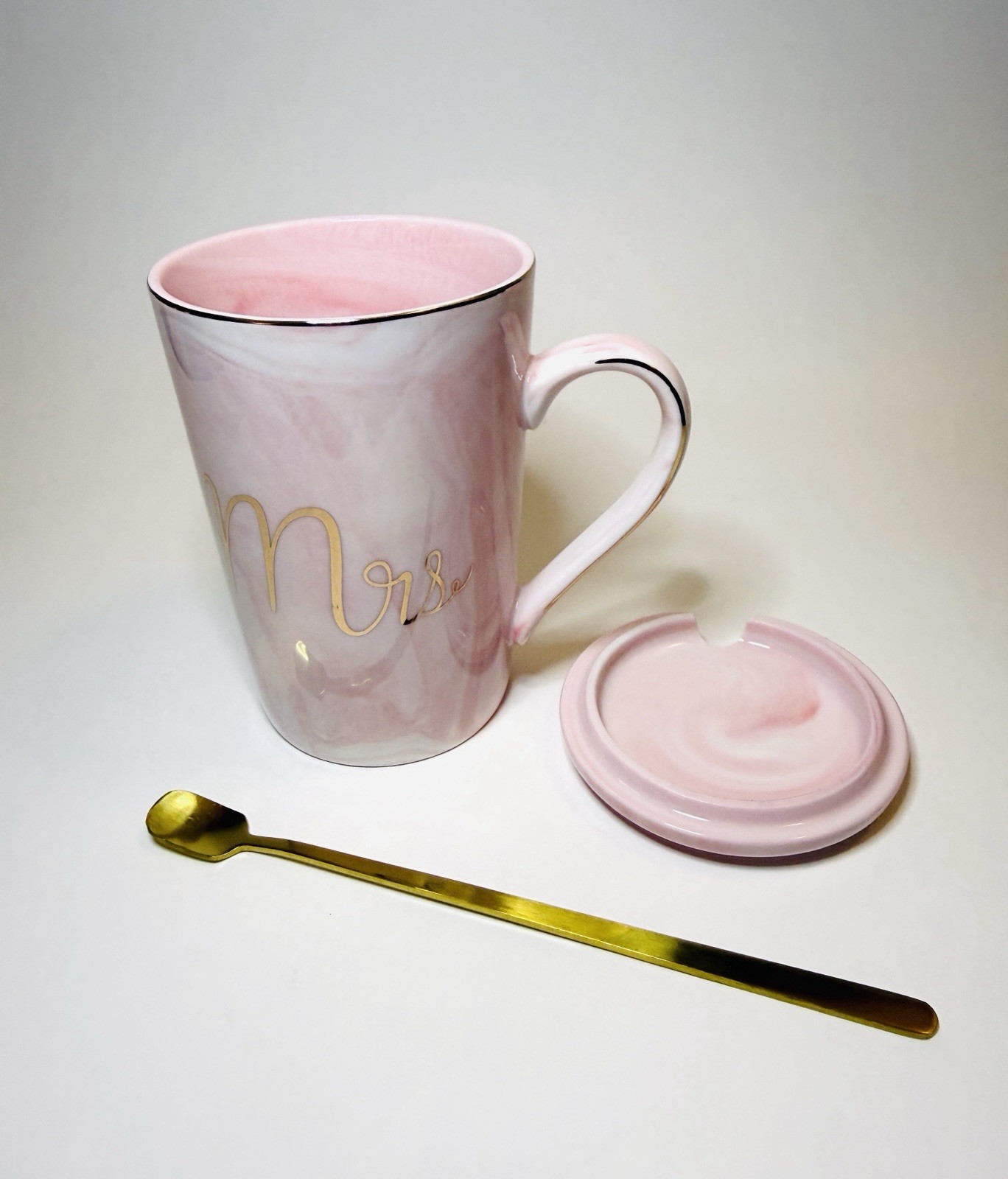 Pink Marble Mrs Mug with Lid & Gold Spoon Ceramic Coffee Cup