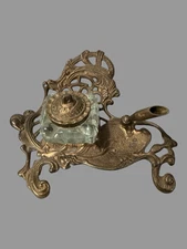 Vintage Antique Victorian Art Nouveau Style Gilt Metal Inkwell Stand