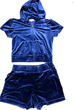 Juicy Couture Velour Short Sleeve Hoodie Shorts Set Rhinestone Y2K Royal Sz Med