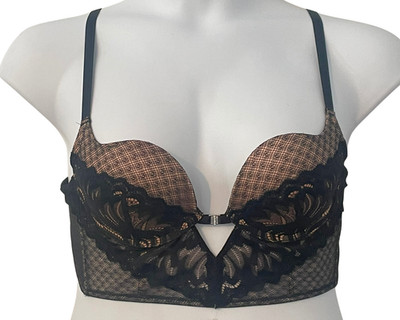 Adore Me Camilla Plunge Bra 36C Black Lace Longline Push-Up Underwire 09570 NWT