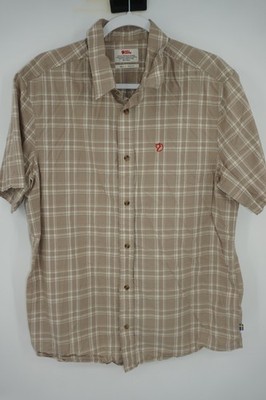 Fjallraven Ovik Lite Shirt Beige Plaid Short Sleeve Button Up Relaxed Mens Large