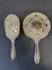 Hand Mirror And Brush Vanity Set Vintage Silver Plated Repousse