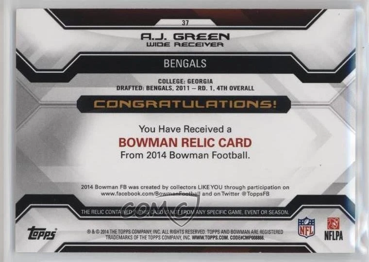 2014 Bowman Relics Blue /99 AJ Green #37 - Image 2 of 2