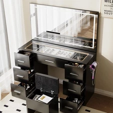 Makeup Vanity Desk with LED Mirror Lights, Vanity Table with Charging Station