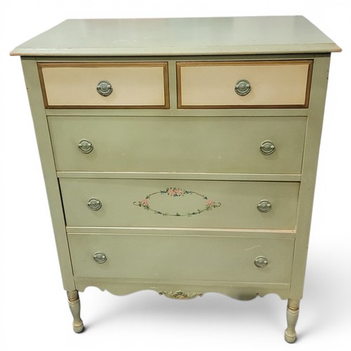 Vintage 1950s Green Floral Painted 5-Drawer Dresser Original Paint -Local Pickup