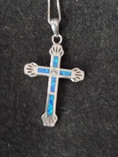 Sterling Silver Blue Opal Cross Pendant Necklace 18" Snake Chain Religious