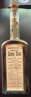Pettit s American Cough Cure Patent Medicine Bottle W/ Label! Howard Bros, NY