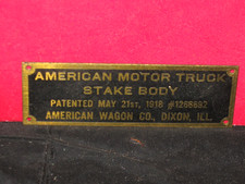 Antique Brass 1918 American Motor Truck Stake Body Name Plate Tag Dixon ILL