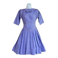 Vtg 1950's Pinup Rockabilly Cotton Purple Full Swing Party Fit Flare Dress XS