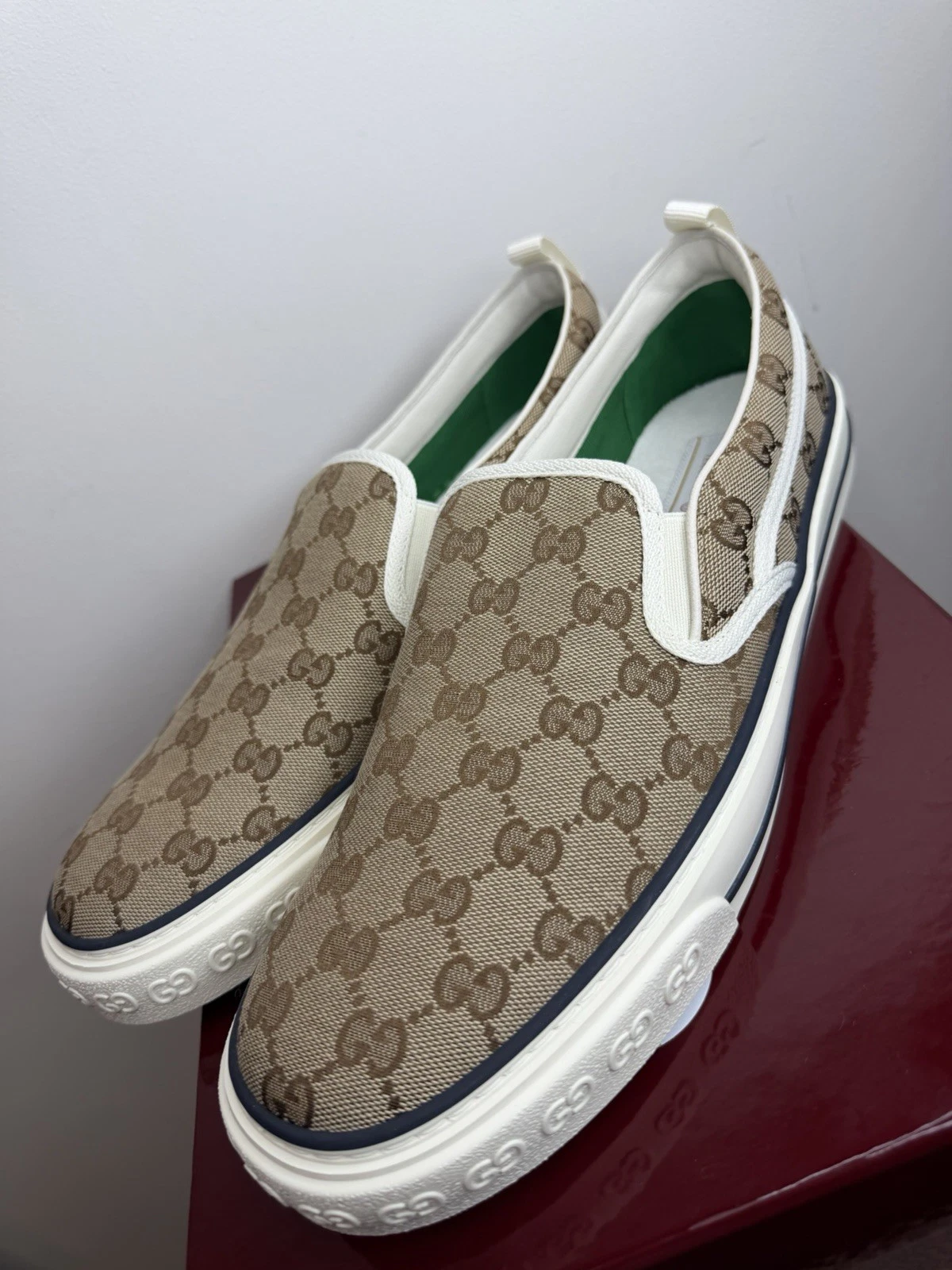 Gucci — Gucci Mens Brown Tennis 1977 GG Monogram Slip On Sneakers Size 11UK/12US