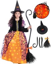 New Deluxe Girls Witch Halloween Costume Light Up Dress Hat Broom Sz 5-7 SM