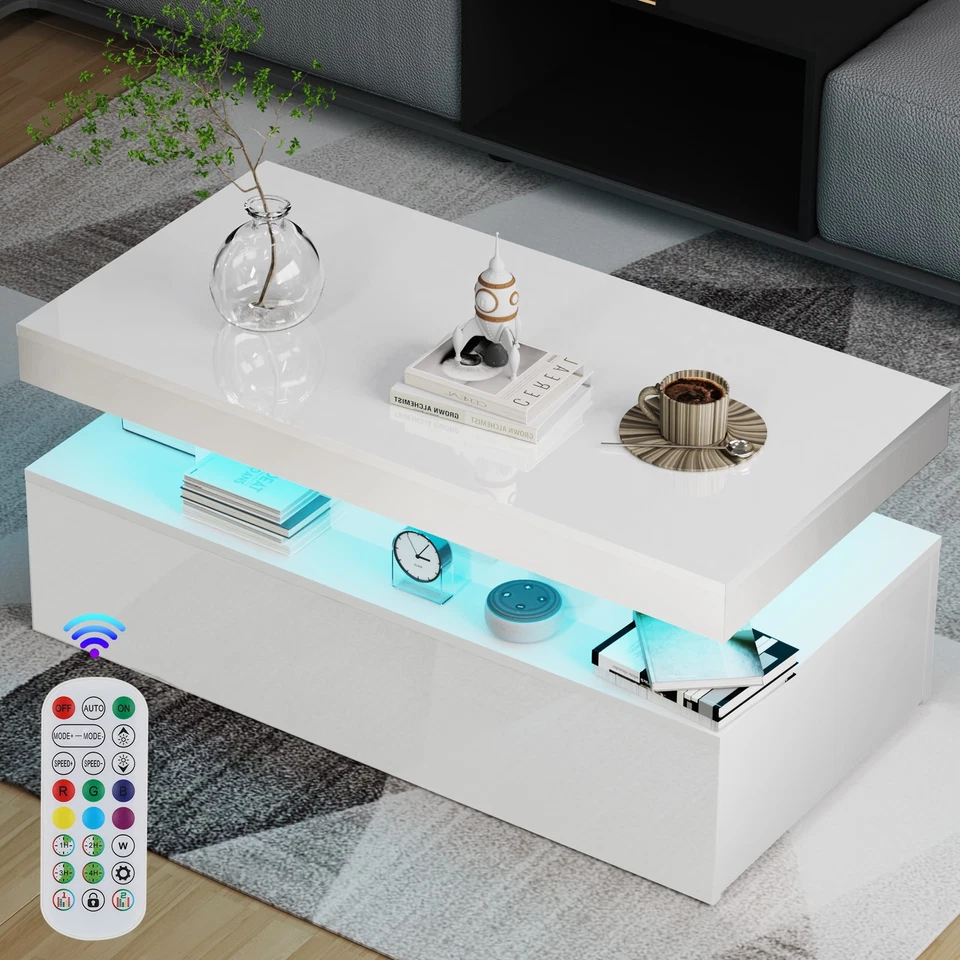 Couchtisch mit LED Leuchte Kaffeetisch Wohnzimmer Sofatisch mit Stauraum Weiß Jk - Bild 3 von 4
