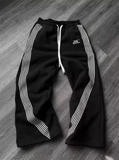Black Wide Leg Striped Baggy Sweatpants Drawstring Track Pants Streetwear Size L