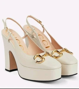 Escarpins à talons plateforme Gucci GG Horsebit Slingback US 9,5 EU 39,5 blancs 1 neufs dans leur boîte