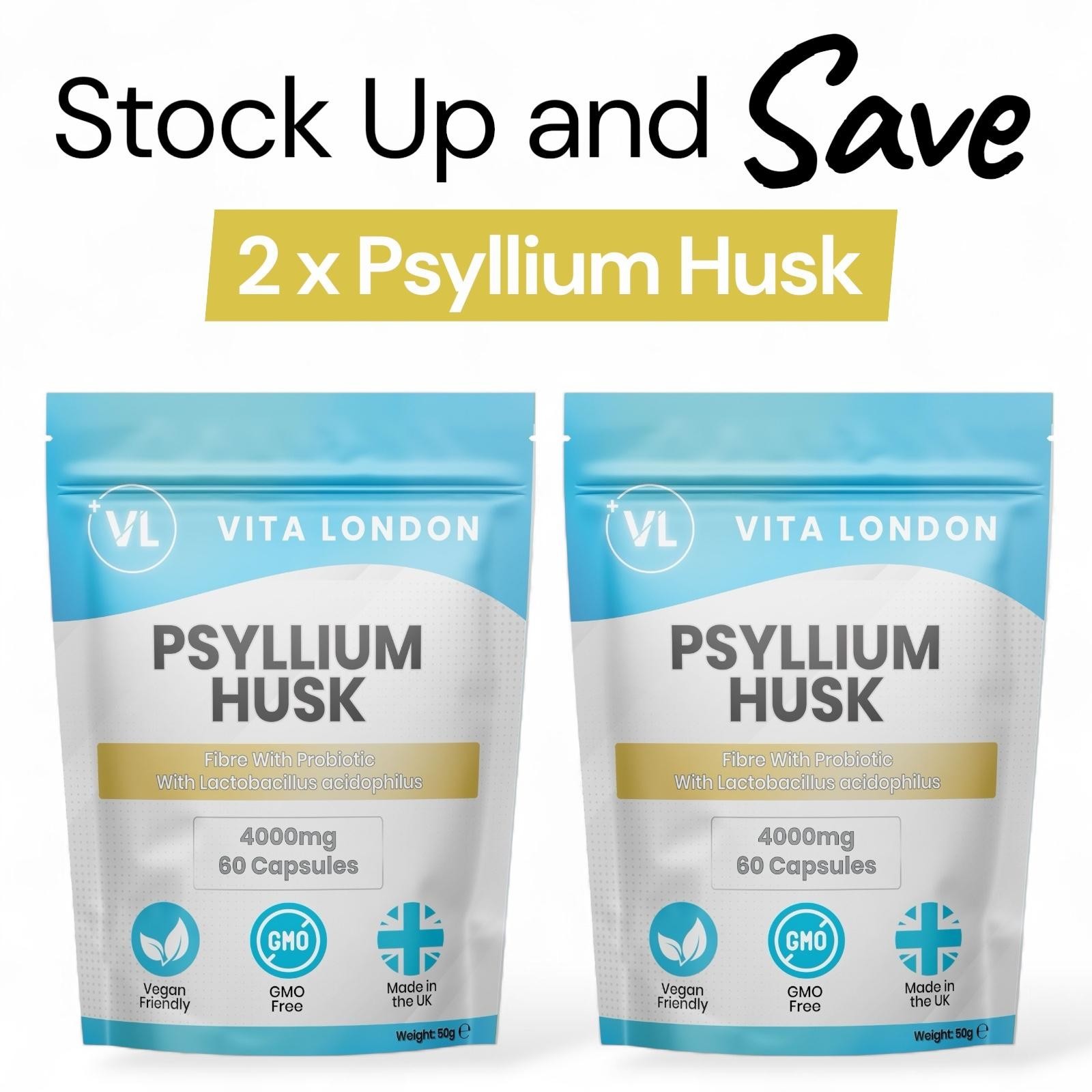 Psyllium Husk Capsules (120) 4000mg Fibre Supplement + Probiotic Colon Cleanse