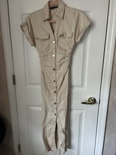 Beige Twill Cotton Shirt Dress Button Ruched V-Neck Pockets Short Sleeve Long