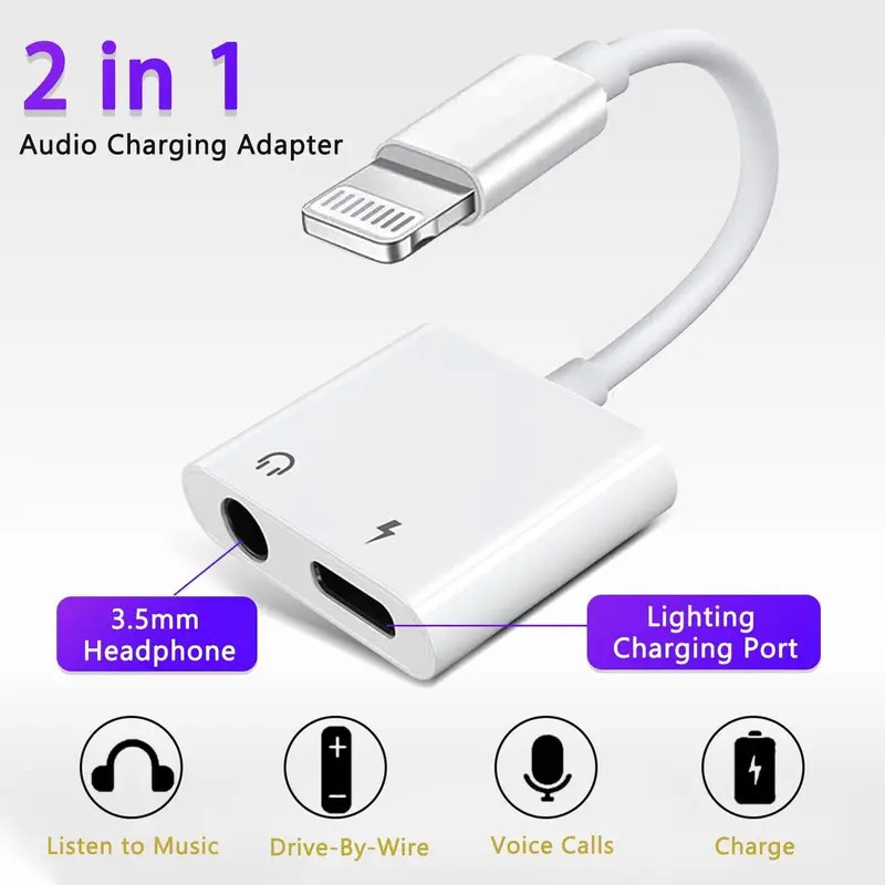 2 in 1 Dual Adapter 3.5mm Headphone & Charger For iPhone 17 16/ 14 13 12 8  X XS