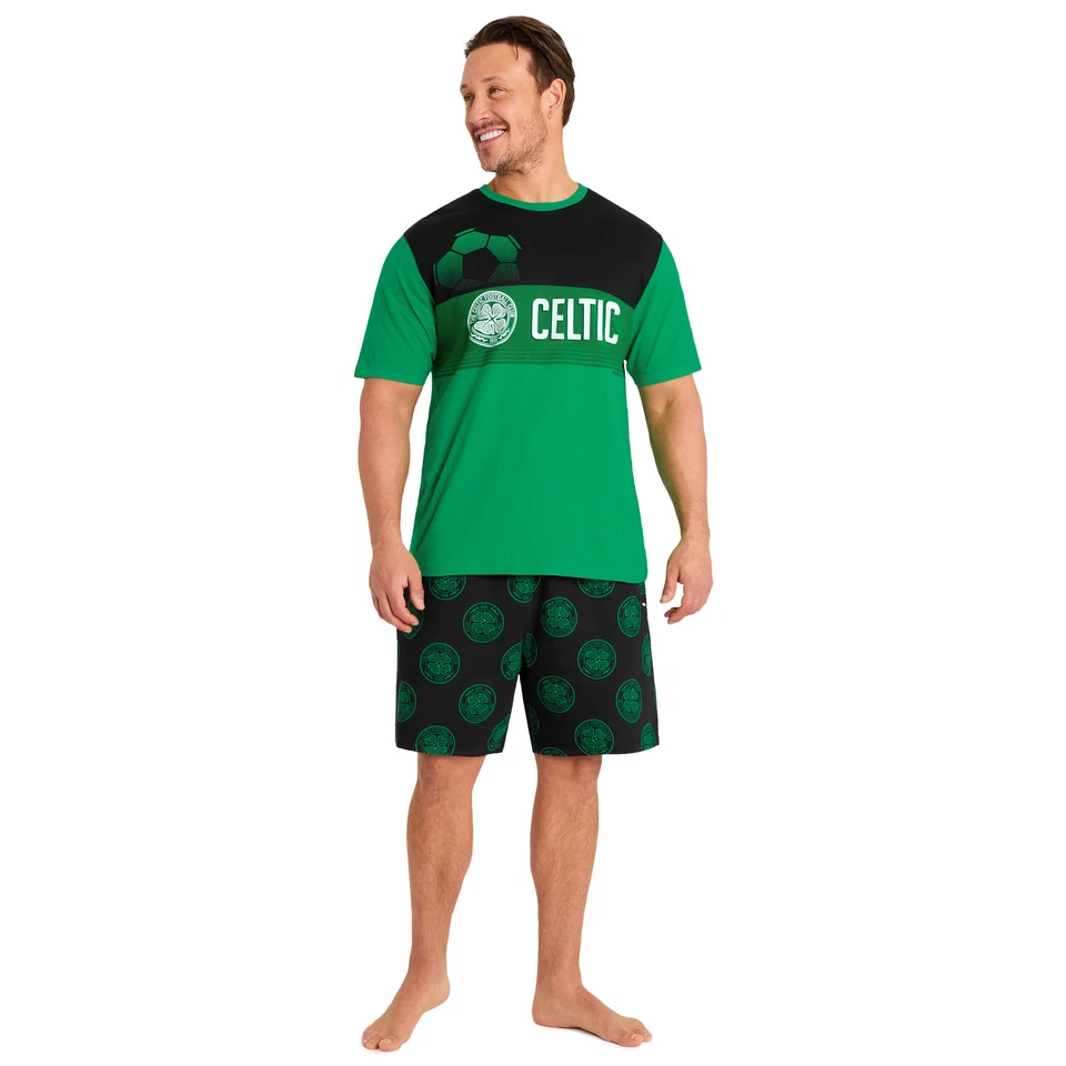 Celtic F.C. Mens Short Pyjamas Set Green/Black Loungewear Nightwear Sleepwear