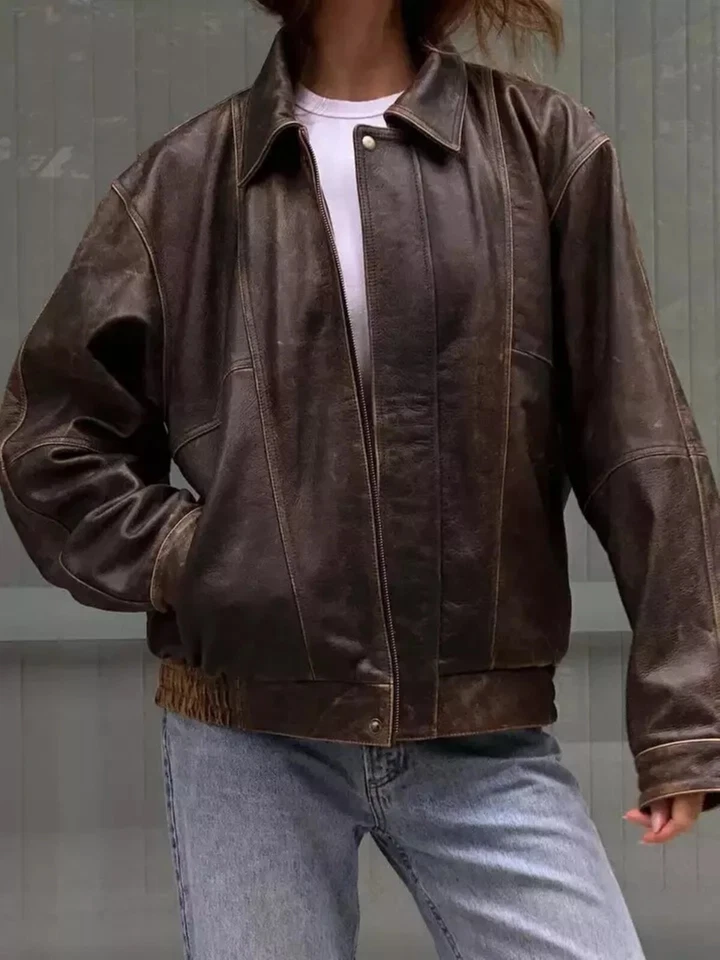 Vintage 80s A2 Military Jacket Oversized Distressed Brown Leather Bomber Coat - Image 2 of 4