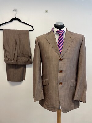 MABRO 2TLG ANZUG MADE IN ITALY WOLLMISCHUNG BEIGE GESTREIFT 40R TRS W34 L33 NEUWERTIG (0085)