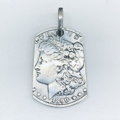 1890 Morgan Silver Dollar Coin Dog Tag Style Classic Vintage Pendant Charm 