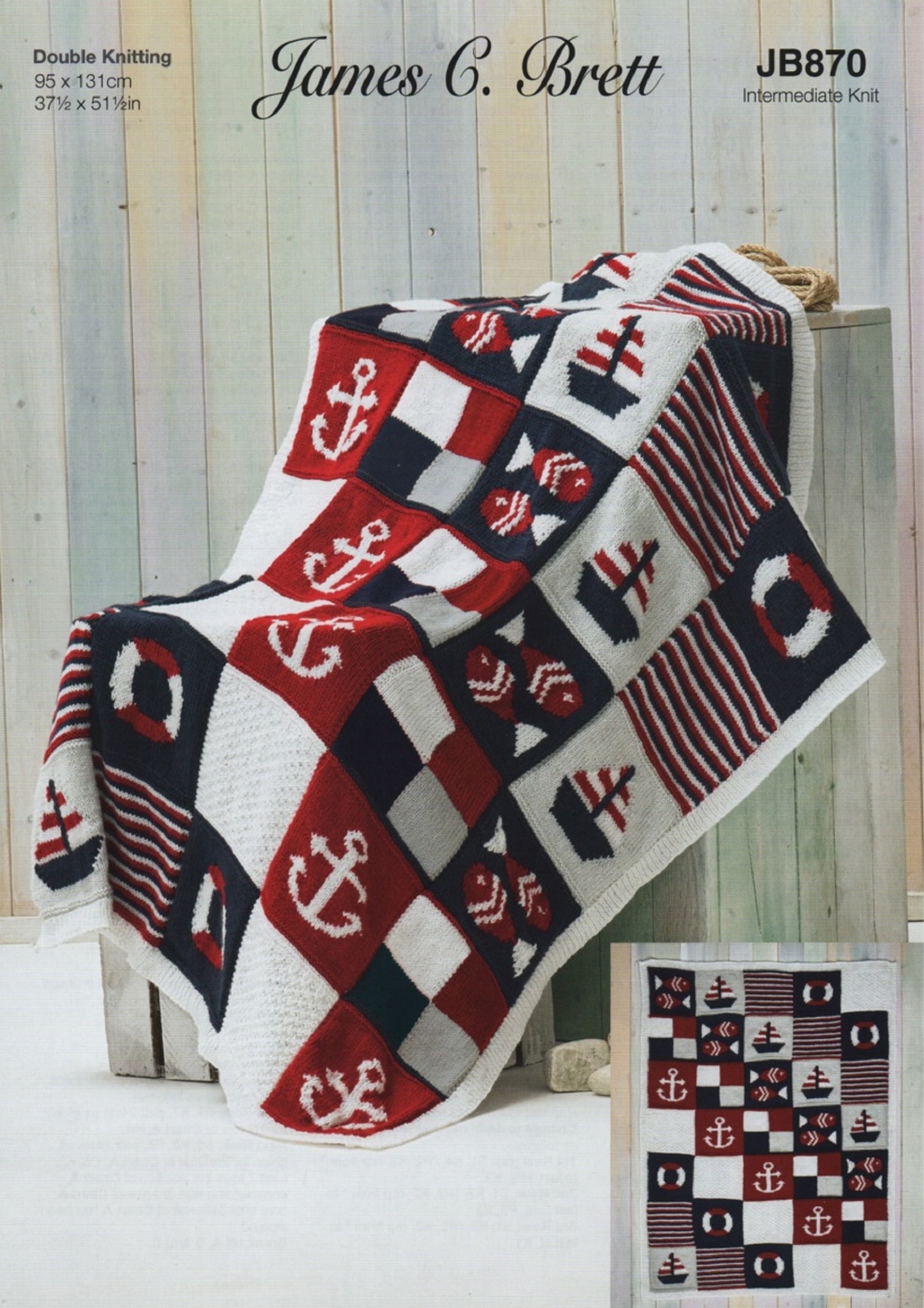 James Brett Double Knit Pattern Baby Kids Boat & Anchor Nautical Blanket JB870