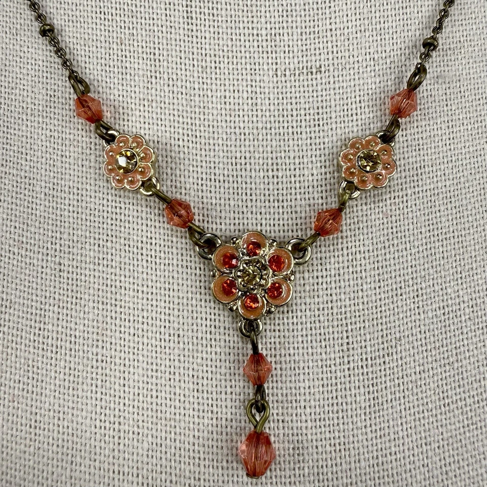 Colar antigo floral delicado com strass laranja e miçangas corrente bronze gota Y - Imagem 4 de 4