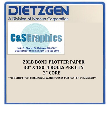 4 rolls 30'' x 150' 20lb Bond Plotter Paper for Wide Format Inkjet Printers