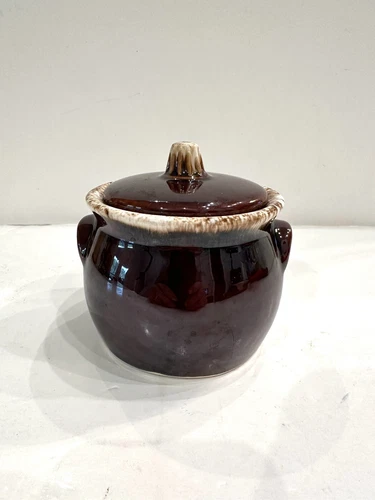 Vintage 60s Brown Hull USA Pottery Stoneware Drip Glaze Lidded Sugar Bowl Crock